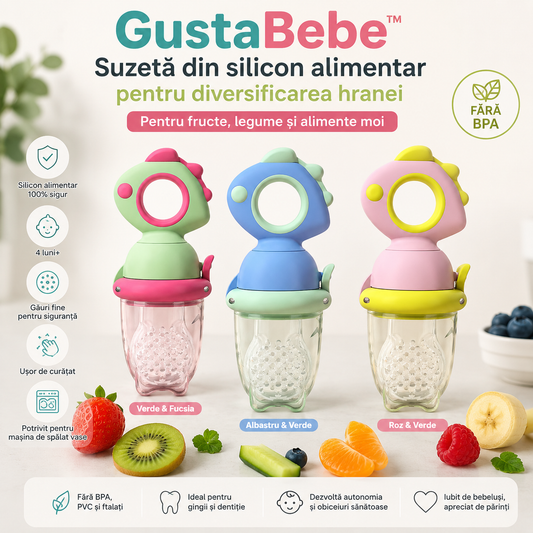 GustaBebe™ – Suzetă Premium din Silicon pentru Diversificare Fructe și Legume