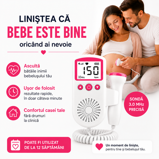 BebeBeat™ PRO – Monitor Fetal cu Difuzor Integrat pentru Ascultarea Bătăilor Inimii Bebelușului Acasă (12+ Săptămâni)